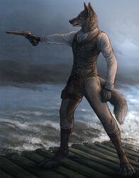  2020 4_toes 5_fingers anthro black_body black_fur black_nose canid canine canis clothed clothing day detailed detailed_background detailed_fur digital_media_(artwork) domestic_dog feet fingers finnegan_(rukis) fully_clothed fur gun hi_res holding_gun holding_object holding_ranged_weapon holding_weapon male mammal open_mouth outside ranged_weapon rukis solo story story_in_description tail teeth toeless_legwear toes tongue weapon 