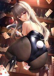  :o ace_(playing_card) ace_of_hearts alcohol animal_ears ass bad_id bad_pixiv_id bar_(place) bare_back bare_shoulders black_leotard black_pantyhose blunt_bangs blush bottle breasts card club_(shape) commentary_request cup detached_collar diamond_(shape) drinking_glass ear_piercing fake_animal_ears fake_tail female five_of_clubs five_of_diamonds five_of_spades four_of_clubs grey_hair heart high_heels highres holding holding_card holding_tray jack_(playing_card) jack_of_hearts leotard long_hair looking_at_viewer looking_back mhru nail_polish nine_of_clubs open_mouth original pantyhose piercing playboy_bunny playing_card queen_(playing_card) queen_of_diamonds rabbit_ears rabbit_tail red_eyes revision seven_of_clubs shelf side-tie_leotard sideboob signature six_of_hearts sleeveless solo spade_(shape) squatting tail thighband_pantyhose three_of_diamonds three_of_spades tray two_of_hearts wine wine_bottle wine_glass wrist_cuffs zipper_pull_tab 