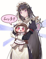  2girls apron brown_hair chibi kagimiya_mello last_origin long_hair long_sleeves looking_at_viewer maid maid_headdress mini_person minigirl multiple_girls puffy_long_sleeves puffy_sleeves purple_eyes scissors_lise smile very_long_hair wings 