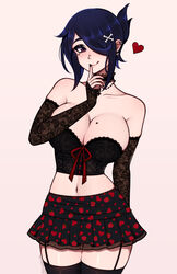  absurdres bare_shoulders black_nails black_thighhighs blue_eyeshadow blue_hair bone_hair_ornament breasts brown_eyes cleavage collarbone crop_top earrings eyeshadow female finger_to_mouth garter_straps hair_ornament hair_over_one_eye heart heart_earrings highres index_finger_raised jewelry large_breasts licking_lips lips looking_at_viewer makeup mole mole_on_breast mole_under_eye navel original short_hair solo the_scarlet_devil thighhighs tongue tongue_out vivienne_(the_scarlet_devil) 