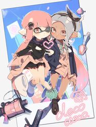  .52_gal_(splatoon) .96_gal_(splatoon) 2girls absurdres arm_grab bad_id bad_twitter_id bandana black_bow black_footwear black_sailor_collar black_shirt black_socks blazer blouse blue_jacket blue_skirt blue_sky blunt_bangs bow bowtie cardigan closed_mouth clothes_around_waist dark-skinned_female dark_skin diagonal-striped_bow dress_shirt earrings green_bow grey_hair grey_socks hair_ornament hand_in_pocket heart heart-shaped_pupils highres inkling inkling_girl inkling_player_character jacket jewelry loafers long_hair long_sleeves looking_at_viewer medium_hair miniskirt multiple_girls nail_polish_bottle neckerchief octoling octoling_girl octoling_player_character outline parted_lips pink_bow pink_bowtie pink_eyes pink_hair pink_sweater pleated_skirt pointy_ears sailor_collar school_uniform scrunchie serafuku shirt shoes skirt sky socks splatoon_(series) standing striped_bow striped_bowtie striped_clothes suction_cups sweater sweater_around_waist symbol-shaped_pupils tentacle_hair unitoon very_long_hair white_outline white_shirt wing_collar 