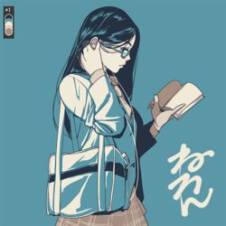  aqua-framed_eyewear aqua_background bag black_hair book color_guide earbuds earphones female glasses holding holding_book limited_palette long_sleeves looking_at_viewer neone open_book original plaid plaid_skirt profile shoulder_bag simple_background skirt solo upper_body 