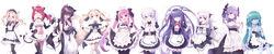  6+girls ;3 absurdres ahoge akatsuki_chiaki_(chucolala) alternate_costume animal_ear_fluff animal_ears apron bare_shoulders black_choker black_gloves black_legwear black_skirt bow breasts bright_pupils cat_ears cat_girl cat_tail character_request check_character chisuzu_mei choker chucolala cleavage closed_mouth collarbone crop_top elbow_gloves enmaided frilled_shirt frilled_skirt frills garter_straps gloves green_eyes hairbow hand_on_own_hip highres hiseki_erio incredibly_absurdres komori_chiyu kurosa_kichi large_breasts long_hair long_tail looking_at_viewer maid maid_apron maid_headdress mashiro_kanon midriff miniskirt multiple_girls multiple_tails navel one_eye_closed otome_oto pink_hair ponytail raimu_meruto red_hair shirt shito_anon sidelocks simple_background skirt sleeveless sleeveless_shirt smile standing stomach suzumiya_rin tail thighhighs thighs tsuzurime_higasa twintails two_tails virtual_youtuber waist_apron white_background white_hair white_shirt wide_image wrist_cuffs zettai_ryouiki 