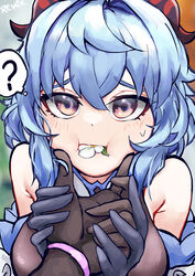  1other ? absurdres aether_(genshin_impact) bare_shoulders black_gloves blue_hair blush breasts cheek_squash close-up detached_sleeves eating_flower embarrassed female flower ganyu_(genshin_impact) genshin_impact gloves grabbing_another&#039;s_hand highres horns long_hair looking_at_viewer medium_breasts petals_in_mouth pinching pov pov_hands purple_eyes qingxin_flower rever speech_bubble sweat upper_body white_flower 