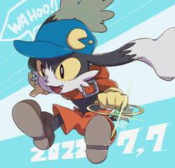  anthro bandai_namco bottomwear clothing domestic_cat felid feline felis gem gloves handwear hat headgear headwear jumping klonoa klonoa_(series) long_ears male mammal peq_1887 ring shorts smile solo text 