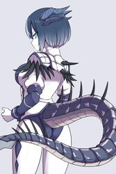  blue_eyes blue_hair dragon_girl female frost_dragon grey_background horns long_sleeves looking_at_viewer monster_girl okamura_(okamura086) personification short_hair simple_background sleeves_rolled_up solo spikes tail the_elder_scrolls the_elder_scrolls_v:_skyrim 