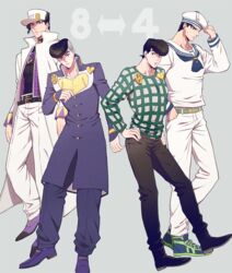  4boys adjusting_clothes adjusting_headwear black_hair coat cosplay costume_switch diamond_wa_kudakenai fishnet_top fishnets gakuran haruko_(chikadoh) hat heart higashikata_josuke higashikata_josuke_(cosplay) jojo_no_kimyou_na_bouken jojolion kira_yoshikage_(jojolion) kira_yoshikage_(jojolion)_(cosplay) kujo_josefumi kujo_josefumi_(cosplay) kujo_jotaro kujo_jotaro_(cosplay) long_coat look-alike male_focus multicolored_hair multiple_boys name_connection peace_symbol pompadour sailor sailor_hat school_uniform shoes sneakers turtleneck two-tone_hair undercut vest white_coat 