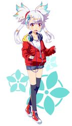  aqua_hair asymmetrical_hair collarbone commentary female floral_background hair_flaps hand_in_pocket headphones highres hood hoodie magatama_hair_ornament mikage_baku multicolored_hair oerba_yun_fang red_eyes red_hoodie shirt shoes shorts sleeves_past_wrists sneakers solo tenka_hyakken thick_eyebrows thighhighs tsuda_echizen-no-kami_sukehiro twintails two-tone_hair walking white_hair white_shirt 