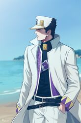  1boy beach belt black_hair blurry coat depth_of_field diamond_wa_kudakenai green_eyes hand_in_pocket haruko_(chikadoh) hat jojo_no_kimyou_na_bouken kujo_jotaro long_coat male_focus multiple_belts shoulder_belt solo vest white_coat 