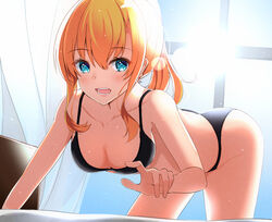  ass bare_shoulders bedside bent_over black_bra black_panties blonde_hair bloom blue_eyes bra breasts collarbone cowboy_shot female indoors lens_flare looking_at_viewer medium_breasts morning open_mouth original panties ponytail sidelocks smile solo sunlight teeth toyomi_13 underwear window 