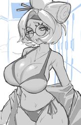  bikini breasts cleavage female glasses hair_ornament hair_stick headband highres large_breasts looking_at_viewer monochrome psidubs purah round_eyewear standing swimsuit the_legend_of_zelda the_legend_of_zelda:_tears_of_the_kingdom undressing wet 