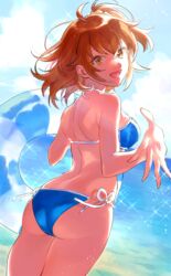  :d ahoge alternate_costume ass bikini blue_bikini breasts cowboy_shot day fate/grand_order fate_(series) female floating_hair from_behind fujimaru_ritsuka_(female) hair_between_eyes hair_ornament hair_scrunchie halterneck highres holding innertube long_hair looking_at_viewer looking_back medium_breasts ocean open_mouth orange_eyes orange_hair orange_scrunchie outdoors ribbon scrunchie shoulder_blades side-tie_bikini_bottom side_ponytail smile solo sparkle standing string_bikini summer swim_ring swimsuit uni_(nico02) white_ribbon 