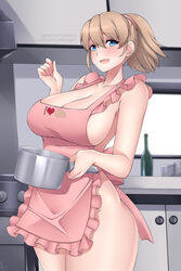  :d apron blue_eyes blush breasts brown_hair cleavage collarbone commentary commission cowboy_shot english_commentary female heart heart_print holding holding_saucepan indoors intrepid_(kancolle) kantai_collection kitchen large_breasts light_brown_hair lindaroze looking_at_viewer naked_apron open_mouth patreon_username photoshop_(medium) pink_apron plump ponytail saucepan short_hair smile solo standing thighs 