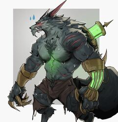  1boy artist_name bara blush border brown_shorts chris_sdd claws fangs feet_out_of_frame furry furry_male grey_background grey_fur highres league_of_legends long_fangs male_focus muscular muscular_male nipple_piercing nipple_rings piercing profile scar shorts standing sweat sweatdrop teeth v-taper warwick werewolf white_border 