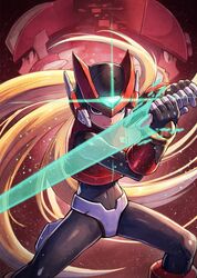  1boy android blonde_hair closed_mouth energy_blade energy_sword grey_(mega_man) helmet highres holding holding_weapon kuroi_susumu male_focus mega_man_(series) mega_man_zero_(series) mega_man_zx mega_man_zx_advent model_a_(mega_man) model_zx_(mega_man) red_helmet sword weapon z_saber zero(z)_(mega_man) zero_(mega_man) 