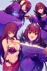  :d bikini bracelet breasts closed_eyes cosplay dress echo_(circa) fate/grand_order fate_(series) feather_trim female flower fur-trimmed_dress fur_trim hair_between_eyes hair_flower hair_intakes hair_ornament headpiece hibiscus holding holding_wand jewelry large_breasts looking_at_viewer lying multiple_views on_side open_mouth pink_bikini purple_bikini purple_dress purple_hair purple_sarong red_eyes sarong scathach_(fate) scathach_(swimsuit_assassin)_(fate) scathach_(swimsuit_assassin)_(fate)_(cosplay) scathach_skadi_(fate) smile swimsuit tiara tray wand wince 