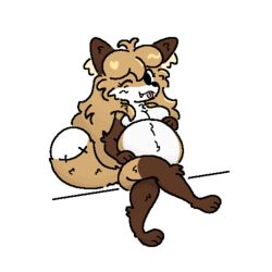  1:1 anthro averi_(fiddleafox) brown_body brown_fur canid canine dipstick_tail female female_anthro fox fur gloves_(marking) guzzlord420 hair leg_markings looking_at_viewer low_res mammal markings pregnant red_fox sitting socks_(marking) solo tail tail_markings tongue tongue_out true_fox white_body white_fur 