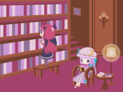  2girls armband bat_wings bench black_eyes black_skirt book bookshelf candlestand capelet chair chibi cobalta commentary_request crescent crescent_hat_ornament crescent_pin dress full_body hair_ribbon hat hat_ornament head_wings holding holding_book koakuma lamp light_smile long_hair looking_up mob_cap multiple_girls no_nose open_book patchouli_knowledge purple_capelet purple_dress purple_hair reading red_hair ribbon sidelocks skirt stairs standing striped_clothes striped_dress table touhou tress_ribbon vertical-striped_clothes vertical-striped_dress very_long_hair wings 