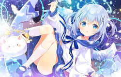  angora_rabbit animal ass blue_eyes blue_flower blue_footwear blue_hair blue_sailor_collar blue_skirt blush broken_egg chestnut_mouth commentary_request eggshell feathered_wings feathers female flower gochuumon_wa_usagi_desu_ka? hair_between_eyes hair_flower hair_ornament kafuu_chino knees_together_feet_apart long_sleeves looking_at_viewer mocha_(naturefour) parted_lips puffy_long_sleeves puffy_sleeves rabbit sailor_collar shirt shoes signature skirt socks tippy_(gochiusa) twintails white_feathers white_flower white_shirt white_socks white_wings wings x_hair_ornament 