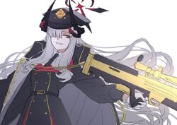  bad_id bad_twitter_id black_hat blue_archive blue_eyes bullpup coat coat_on_shoulders demon_horns female gloves grey_hair gun hair_over_one_eye halo hat highres holding holding_gun holding_weapon horns long_hair long_sleeves makeup makoto_(blue_archive) military military_uniform nayuta_ggg parted_lips peaked_cap rifle sidelocks simple_background sniper_rifle solo uniform very_long_hair walther walther_wa_2000 weapon white_background 