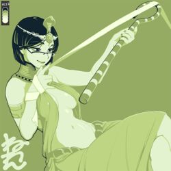  armlet black_hair color_guide covered_nipples egyptian_clothes feet_out_of_frame female glasses green_background green_theme holding holding_staff limited_palette mikage_(neone) monochrome navel neone no_bra original short_hair simple_background solo staff 