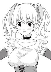  :d alternate_breast_size blush breasts collarbone commentary_request corset dot_nose elbow_gloves female gloves greyscale hair_between_eyes highres idoly_pride kawasaki_sakura_(idoly_pride) large_breasts long_bangs looking_at_viewer momori_mitsuba monochrome open_mouth raised_eyebrows shirt short_hair short_twintails sidelocks sleeveless sleeveless_shirt smile solo twintails upper_body 