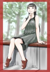  artist_name black_eyes black_hair blunt_bangs brown_footwear dated day dress dwl_kent female finger_to_mouth full_body grey_dress hand_up highres index_finger_raised kobuchizawa_shirase long_hair looking_at_viewer outdoors shoes sitting solo sora_yori_mo_tooi_basho 