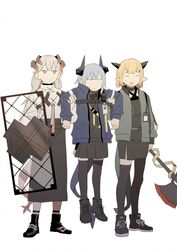  3girls arknights asymmetrical_legwear black_skirt black_thighhighs blonde_hair blue_jacket carrying closed_eyes commentary d.y.x. grey_hair halberd height_difference holding holding_shield holding_weapon horns id_card jacket liskarm_(arknights) long_hair long_skirt multiple_girls open_clothes open_jacket platinum_blonde_hair pleated_skirt pointy_ears polearm saria_(arknights) shield shoes short_hair simple_background single_thighhigh skirt smile sneakers tail thighhighs uneven_legwear vanilla_(arknights) weapon white_background 