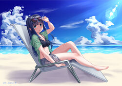  absurdres barefoot beach bikini blue_bikini blue_eyes blue_hair blue_skirt blue_sky blush breasts chair cleavage cloud commentary_request day eyewear_lift eyewear_on_head female glint green_shirt highres knee_up lens_flare long_hair looking_at_viewer lounge_chair magia_record:_mahou_shoujo_madoka_magica_gaiden mahou_shoujo_madoka_magica medium_breasts nanami_yachiyo ocean outdoors polka_dot polka_dot_bikini s-masa_7131 sarong see-through see-through_shirt see-through_skirt shirt sitting skirt sky solo sunglasses sunlight sweat swimsuit thighs twitter_username water watermark 