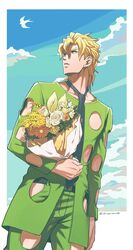  1boy bird blonde_hair bouquet clothing_cutout cloud formal haruko_(chikadoh) jojo_no_kimyou_na_bouken looking_up male_focus necktie pannacotta_fugo sky solo suit swallow_(bird) vento_aureo 