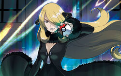  bangs black_dress blonde_hair breasts cleavage dress female grey_eyes hair_over_one_eye holding holding_poke_ball ishikawa_hideki long_hair looking_at_viewer medium_breasts official_art poke_ball poke_ball_(generic) pokemon pokemon_(game) pokemon_dppt pokemon_trading_card_game shirona_(pokemon) smile solo standing third-party_source 