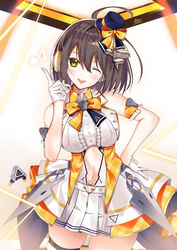  ;d ahoge arm_strap azur_lane baltimore_(azur_lane) baltimore_(muse)_(azur_lane) bare_shoulders blue_hat blush bow braid breasts brown_hair buckle center_frills center_opening clothing_cutout commentary_request crop_top female french_braid frills gloves hair_between_eyes hand_on_own_hip hand_up hat head_tilt headset heart heart-shaped_buckle highres idol index_finger_raised irohasu_(mmgn7434) large_breasts looking_at_viewer mini_hat miniskirt music musical_note navel official_alternate_costume one_eye_closed open_mouth orange_bow pleated_skirt shirt short_hair showgirl_skirt sidelocks signature singing skindentation skirt sleeveless sleeveless_shirt smile solo stage stage_lights standing stomach stomach_cutout sweat thigh_strap underboob underboob_cutout white_gloves white_shirt white_skirt yellow_eyes 