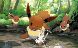  ;d brown_eyes bush creature day forest grass ishikawa_hideki looking_at_another looking_at_viewer nature no_humans official_art one_eye_closed open_mouth outdoors pokemon pokemon_(creature) pokemon_trading_card_game smile splashing third-party_source tree water 