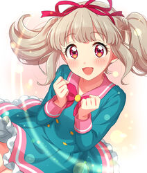  :d absurdres aikatsu!_(series) aikatsu_on_parade! bad_id bad_pixiv_id blunt_bangs blush bow bowtie clenched_hands close-up dress female hair_ribbon happy highres kiseki_raki lens_flare light_brown_hair long_hair looking_at_viewer open_mouth pink_eyes pink_sailor_collar ribbon sailor_collar school_uniform sekina sidelocks smile solo star_harmony_academy_school_uniform twintails 