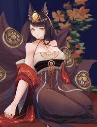  absurdres akagi_(azur_lane) akagi_(dawn_phoenix&#039;s_summons)_(azur_lane) azur_lane bare_shoulders breasts brown_dress brown_tail cleavage dress female highres japanese_clothes kimono kitsune kyuubi large_breasts multiple_tails nocturnal_melonpan official_alternate_costume open_clothes open_kimono red_kimono sitting sleeveless sleeveless_dress solo tail tail_ornament wide_sleeves 