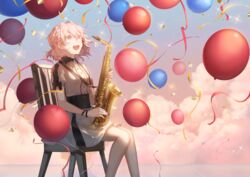  :d alto_saxophone balloon blue_sky blush breasts brown_eyes chair cloud collared_shirt commentary_request feet_out_of_frame female grey_pantyhose hair_between_eyes highres holding holding_instrument holding_saxophone horizon instrument looking_away on_chair open_mouth original outdoors pantyhose pink_hair puffy_short_sleeves puffy_sleeves saihate_(d3) saxophone shirt short_sleeves sitting skirt sky small_breasts smile solo sparkle streamers teeth upper_teeth_only white_shirt white_skirt 