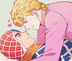  2boys argyle_clothes argyle_sweater black_eyes blonde_hair blue_eyes braid braided_ponytail giorno_giovanna guido_mista haruko_(chikadoh) hat heart jojo_no_kimyou_na_bouken male_focus multiple_boys noses_touching sweater turtleneck vento_aureo yaoi 