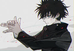  1boy black_hair black_jacket blue_eyes closed_mouth dog_shadow_puppet ebanoniwa fushiguro_megumi hair_between_eyes hands_up high_collar jacket jujutsu_kaisen long_sleeves looking_away male_focus school_uniform shadow_puppet short_hair solo spiked_hair upper_body white_background wind 