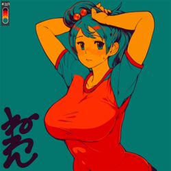  aqua_background aqua_eyes arms_up blush breasts color_guide female huge_breasts limited_palette long_hair looking_at_viewer neone original raglan_sleeves red_nails red_shirt shirt short_sleeves simple_background solo sweatdrop tight_clothes tight_shirt tsugumi_(neone) upper_body 