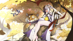  absurdres autumn azur_lane barefoot bird blue_eyes cone_hair_bun female full_body fur-trimmed_sleeves fur_trim gold_hairband hair_bun hairband highres in_tree long_hair manjuu_(azur_lane) multicolored_hair official_alternate_costume pantyhose print_sleeves sitting sitting_in_tree solo split-color_hair tiger tree two-tone_dress two-tone_hair very_long_hair white_pantyhose xiaoxiao_nanjue_buyaokeng ying_swei_(azur_lane) ying_swei_(snowy_pine&#039;s_warmth)_(azur_lane) 