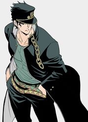  1boy belt black_hair chains gakuran hands_in_pockets haruko_(chikadoh) hat jojo_no_kimyou_na_bouken kujo_jotaro long_coat male_focus multiple_belts school_uniform solo stardust_crusaders triangle_print 