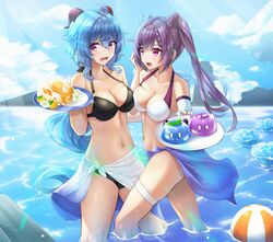  2girls afloat ahoge asymmetrical_docking ball beach beachball bikini black_bikini blue_hair blue_sky braid braided_bangs breast_press breasts cleavage cloud collarbone commentary_request cone_hair_bun day dessert detached_sleeves food ganyu_(genshin_impact) gelatin genshin_impact goat_horns groin hair_between_eyes hair_bun halterneck highres holding holding_plate horns keqing_(genshin_impact) long_hair looking_at_another looking_at_food medium_breasts multiple_girls navel o-ring o-ring_bikini o-ring_top o_o open_mouth outdoors plate prosperous_peace_(genshin_impact) purple_eyes purple_hair ripples sarong side_slit sideways_glance sky sora_(men0105) stomach sunlight swimsuit tearing_up tears thigh_strap twintails very_long_hair wading water 