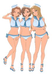  3girls absurdres asymmetrical_bangs blue_necktie breasts brown_hair collarbone crop_top feet forehead full_body hat highres idolmaster idolmaster_cinderella_girls large_breasts legs long_hair looking_at_viewer matsumoto_sarina midriff mizuki_seira multiple_girls navel necktie ohta_yuu onao parted_bangs sailor_bikini sailor_collar sailor_hat sandals simple_background stomach strappy_heels toes very_long_hair white_background 