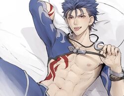  1boy abs bad_id bad_twitter_id bed_sheet blue_hair blue_pants chest_tattoo collarbone commentary_request crescent crescent_necklace cu_chulainn_(fate) cu_chulainn_(fate/stay_night) cu_chulainn_(second_ascension)_(fate) earrings fate/stay_night fate_(series) highres jewelry looking_at_viewer lying male_focus mondi_hl naughty_face navel necklace nipples oerba_yun_fang official_alternate_costume on_back open_mouth pants pectorals pillow red_eyes short_hair smile solo tattoo tongue tongue_out upper_body 