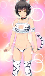  animal_ears animal_print ano_hito bad_id bad_pixiv_id bell black_collar black_hair breasts brown_eyes cat_cutout cat_ear_panties cat_ears cat_lingerie cat_tail cleavage cleavage_cutout clothing_cutout collar commentary_request fake_animal_ears fake_tail female meme_attire navel neck_bell original panties short_hair side-tie_panties small_breasts solo sparkle tail thighhighs tiger_print underwear 