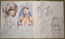  3girls :o ^_^ ass beer_mug beidou_(genshin_impact) bikini book breasts brown_eyes brown_hair cleavage closed_eyes collarbone commentary cup drinking fangs ganyu_(genshin_impact) genshin_impact grey_eyes grey_hair hair_behind_ear hair_over_one_eye holding holding_book holding_cup horns long_hair lying medium_breasts mug multiple_girls multiple_views naked_towel on_stomach one_eye_covered parted_lips philiera photo_(medium) reading red_bikini russian_commentary shenhe_(genshin_impact) smile swimsuit towel traditional_media 