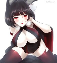  animal_ears azur_lane bad_id bad_pixiv_id bare_shoulders black_dress black_hair breasts center_opening cleavage detached_sleeves dress female hand_in_own_hair hatte_(bsrmkr) highres kneeling large_breasts looking_at_viewer mask mask_on_head pale_skin red_eyes red_thighhighs short_hair simple_background skindentation solo thighhighs torn_clothes torn_thighhighs white_background yamashiro_(azur_lane) yamashiro_(meta)_(azur_lane) 