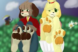  3:2 4_toes ahoge animal_crossing antenna_hair anthro bell blush bottomwear brother_(lore) brother_and_sister_(lore) canid canine canis clothing cloud digby_(animal_crossing) domestic_dog dress duo_focus embarrassed feet female flower foot_fetish foot_focus green_eyes group hair hill holding_both_knees holding_both_legs humanoid humanoid_feet isabelle_(animal_crossing) kicks_(animal_crossing) male male/female mammal mephitid narky_sawtooth_(artist) necktie nintendo outside pawpads paws plant plantigrade presenting shih_tzu shy sibling_(lore) sister_(lore) skirt skunk soles suit tied_hair toes toy_dog trio twins_(lore) 