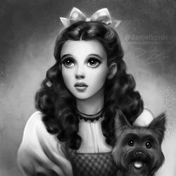  1:1 2016 accessory big_eyes cairn_terrier canid canine canis daekazu domestic_dog dorothy_gale duo female hair_accessory hair_ribbon human human_focus hunting_dog mammal monochrome not_furry_focus ribbons signature terrier the_wonderful_wizard_of_oz toto_(the_wonderful_wizard_of_oz) 