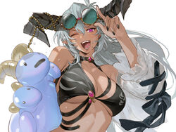  bikini black_bikini black_nails breasts collarbone dark-skinned_female dark_skin dragon_horns eyewear_on_headwear fediel_(granblue_fantasy) fediel_(summer)_(granblue_fantasy) female granblue_fantasy grey_hair highres horns inflatable_toy large_breasts long_hair looking_at_viewer one_eye_closed open_mouth pointy_ears purple_eyes round_eyewear solo sunglasses swimsuit tekki_(tki) 